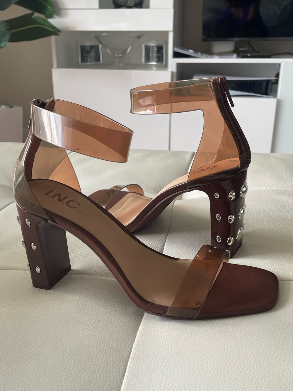 INC International Concepts Brown Clear Strap Stud Block Heel Sandal